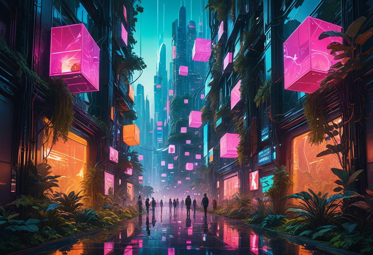 A futuristic cityscape with interconnected cube structures, each showcasing innovative spatial designs and technology. Include diverse people exploring the environment, with holographic displays and greenery integrated into the architecture. Emphasize a bright, optimistic atmosphere and cutting-edge technology. vibrant colors. cyberpunk.