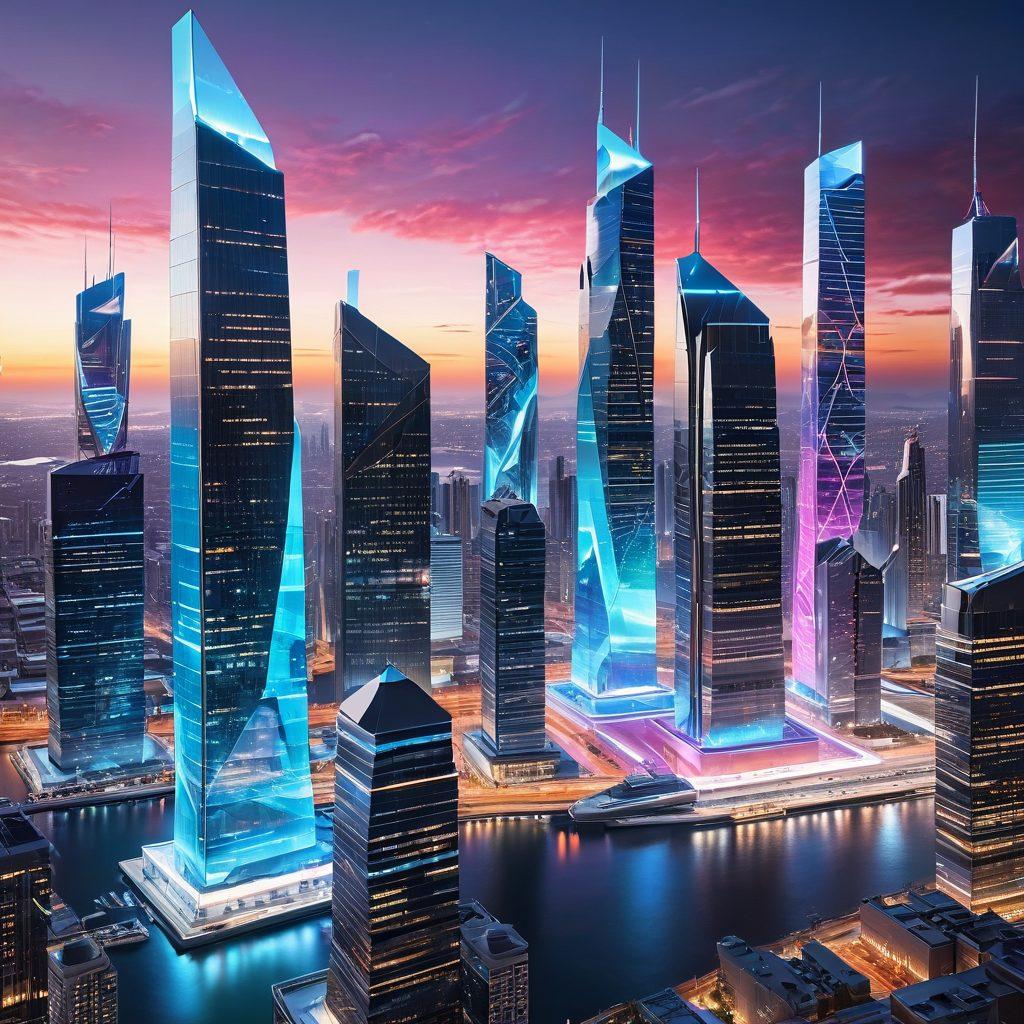A futuristic cityscape showcasing digital cubes transforming into various real-world applications, like smart buildings and advanced technology. Include vibrant holographic displays with intricate designs, people interacting with these innovations, and a dynamic skyline. Use a color palette that enhances the sense of innovation and progress. super-realistic. vibrant colors. 3D.