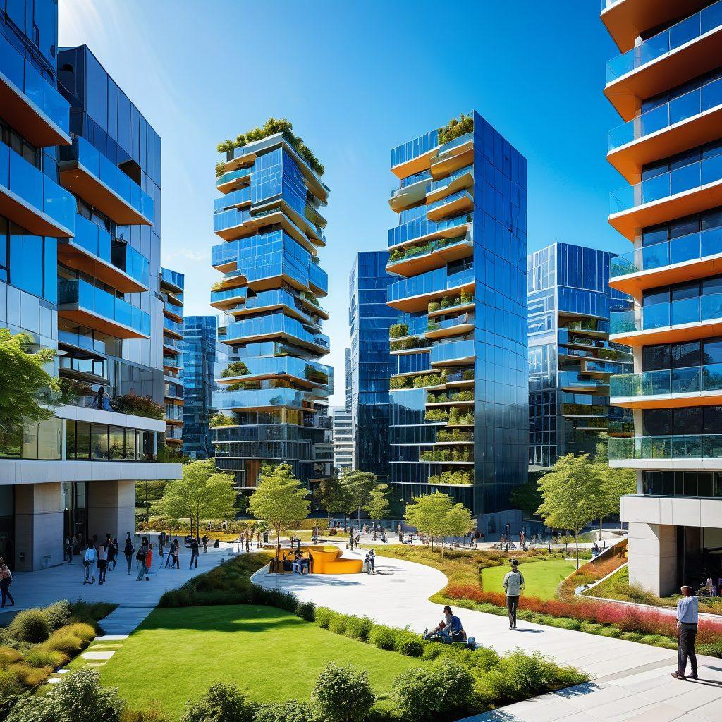A creative skyline featuring futuristic cubical structures in various sizes and colors, interspersed with green terraces and solar panels. The foreground includes people interacting in a vibrant urban plaza surrounded by these innovative buildings, illustrating harmony between nature and modern design. A clear blue sky enhances the futuristic ambiance. super-realistic. vibrant colors. 3D.